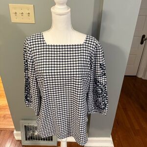 Talbots Women’s Blue Gingham Square-neck 3/4 Sleeves Cotton Blouse- Large